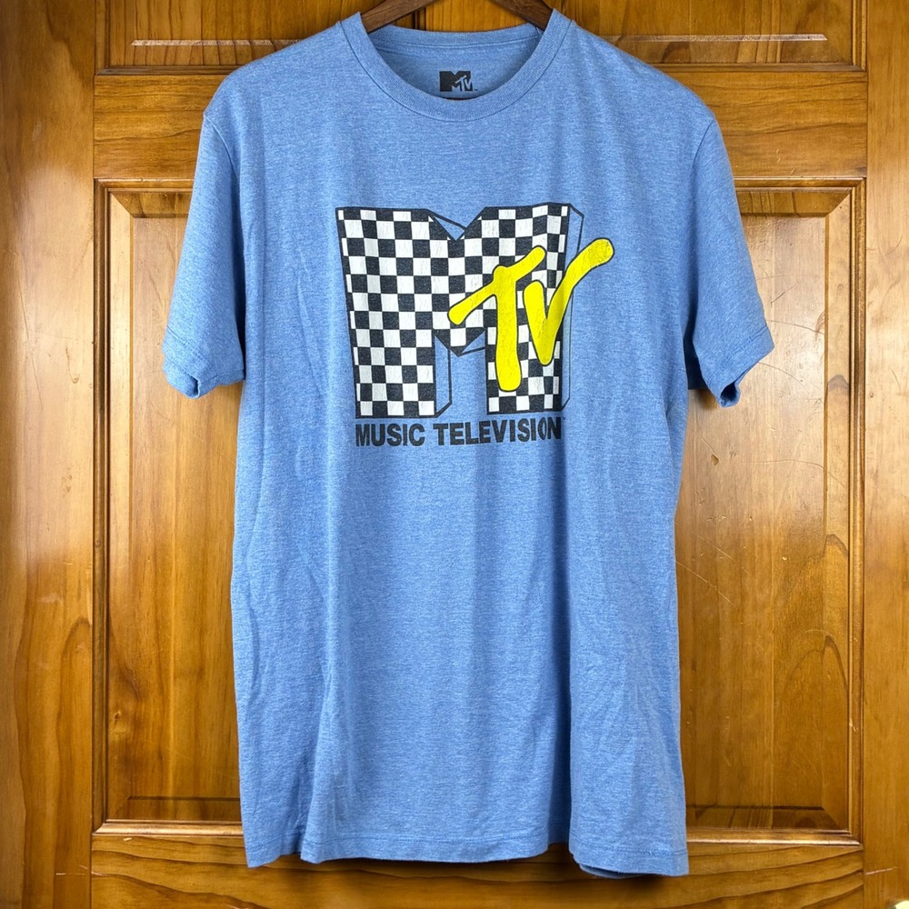 MTV Music Television Graphic T-Shirt Mens Large Blue Checkerboard Logo Tee